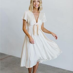 Baltic born women’s small poppy satin midi dress white/cream tie front